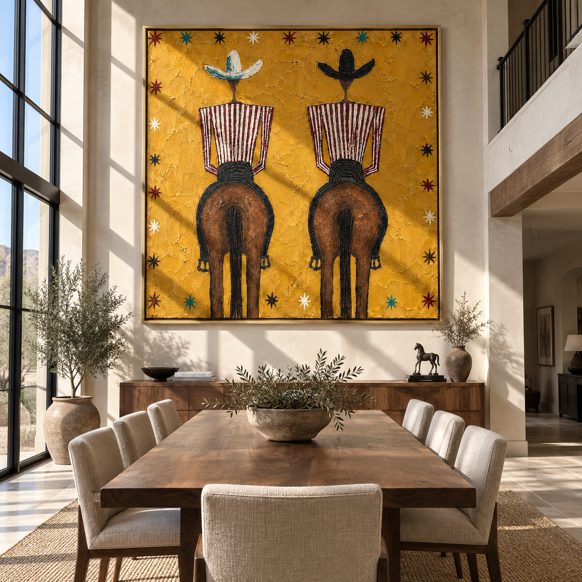 Twin Riders Face Distance - two horse riders painting by Laura Chen, modern Western square wall art - displayed over a low oak cabinet
