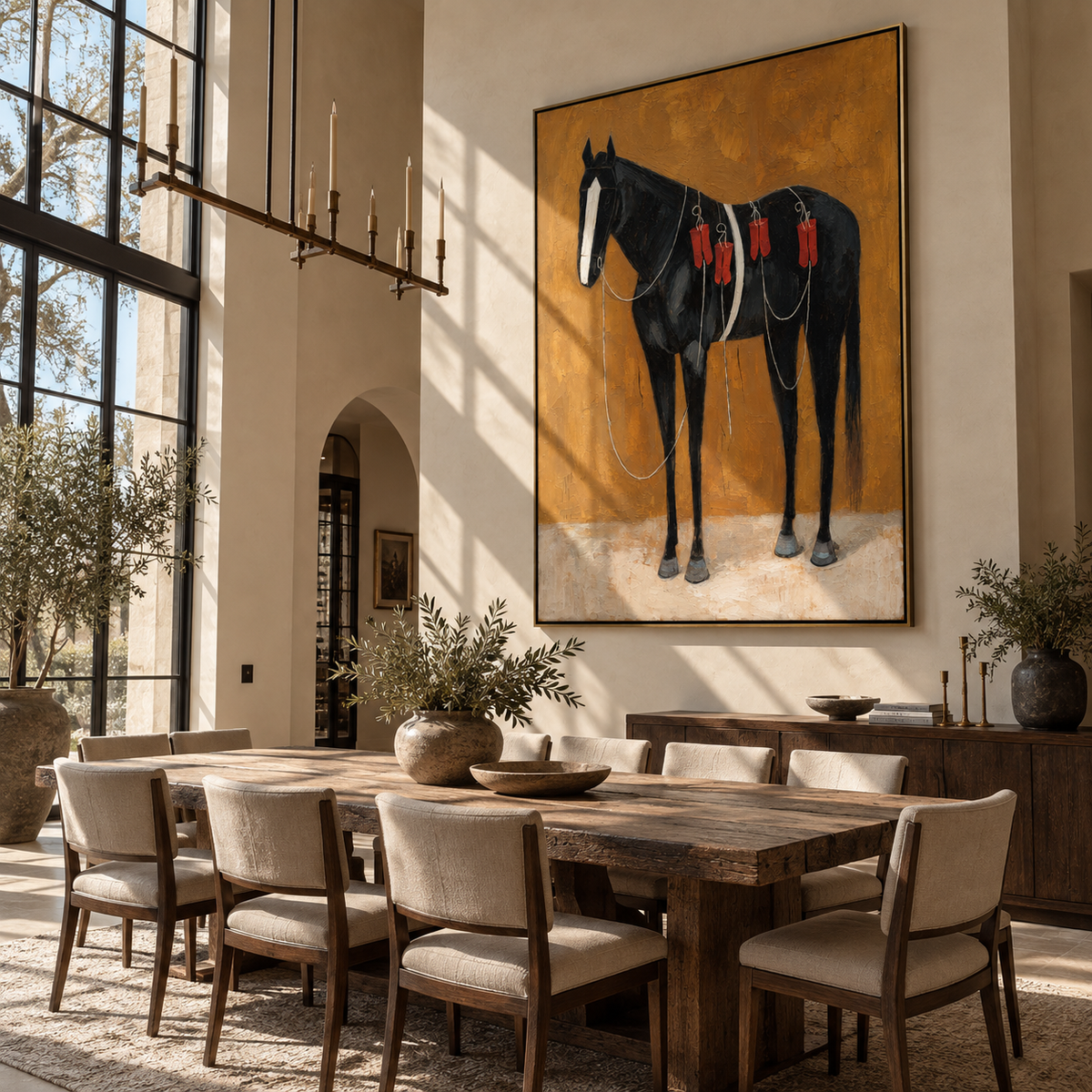 Black Horse Wears Scarlet - decorated black horse painting by Laura Chen, modern Western vertical wall art - displayed above a narrow living room console