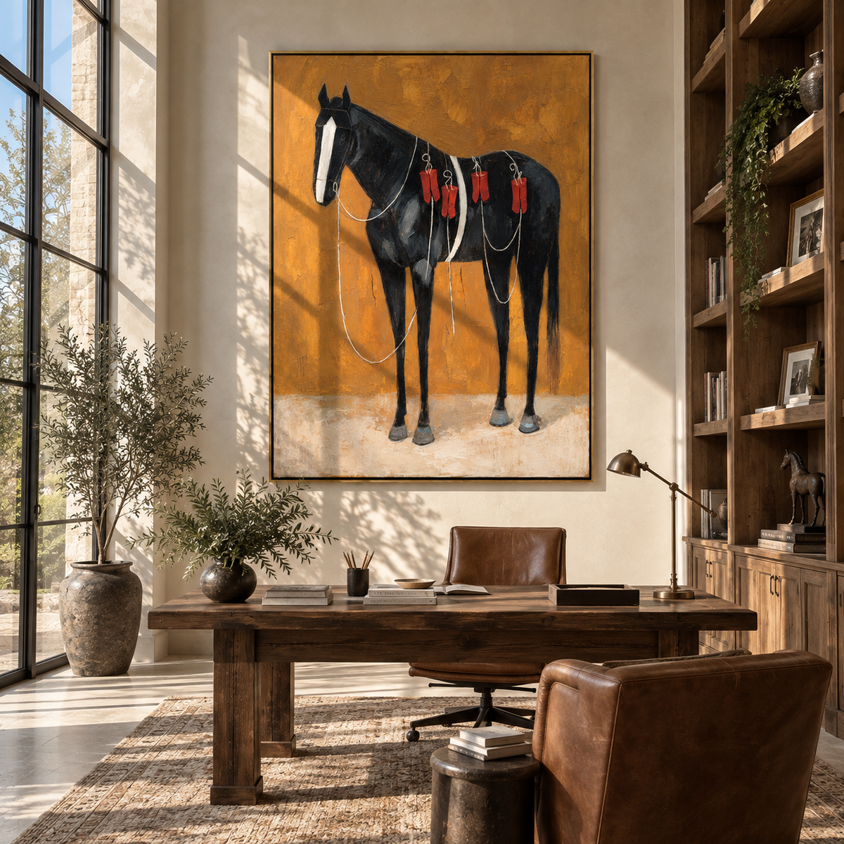 Black Horse Wears Scarlet - decorated black horse painting by Laura Chen, modern Western vertical wall art - displayed along a hotel corridor