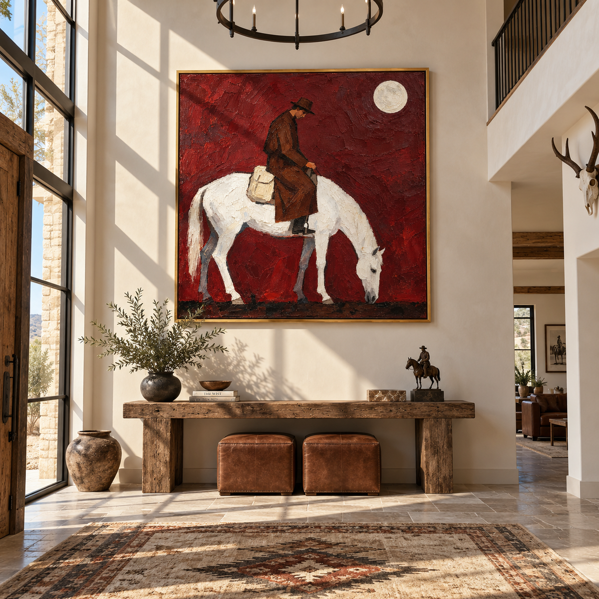 Moon Holds Returning Rider - cowboy on white horse painting by Laura Chen, modern Western vertical wall art - displayed above a narrow living room console