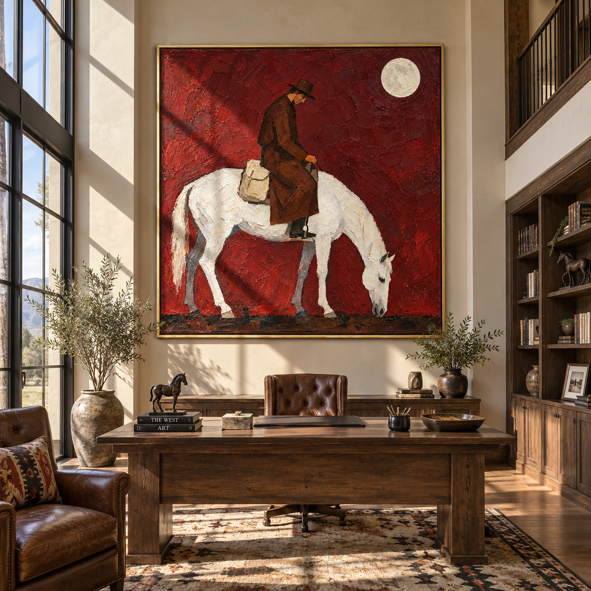 Moon Holds Returning Rider - cowboy on white horse painting by Laura Chen, modern Western vertical wall art - displayed along a hotel corridor