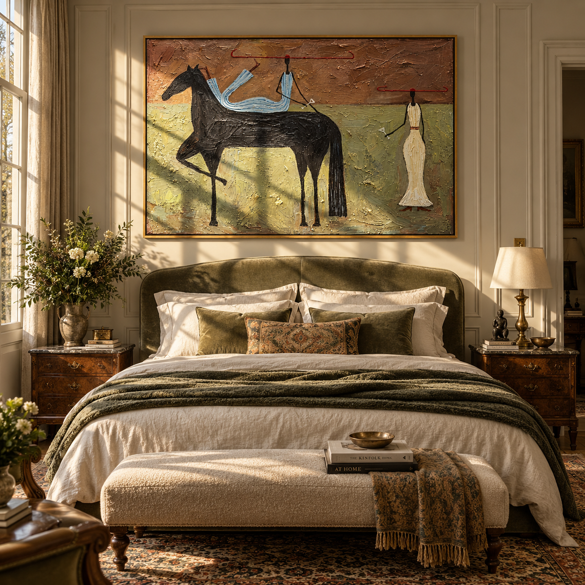 Blue Rider Across Terra - black horse rider painting displayed in a styled interior