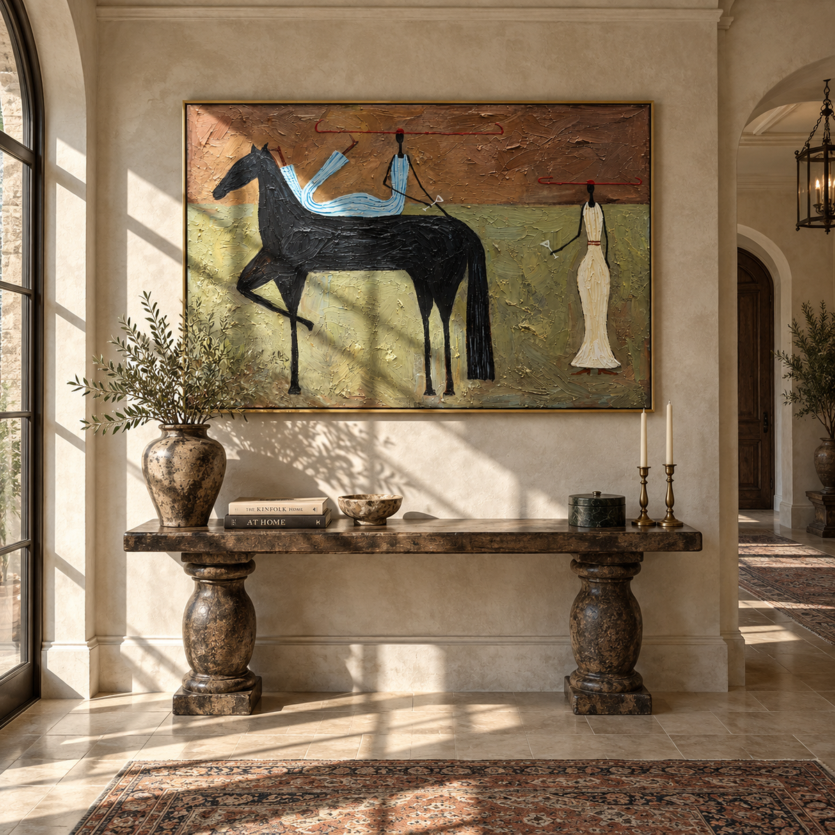 Blue Rider Across Terra - black horse rider painting shown in modern room setting 2