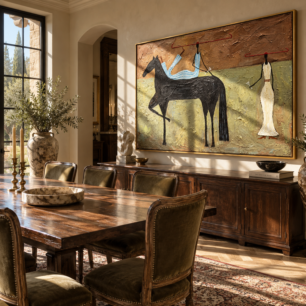 Blue Rider Across Terra - black horse rider painting shown in modern room setting 3