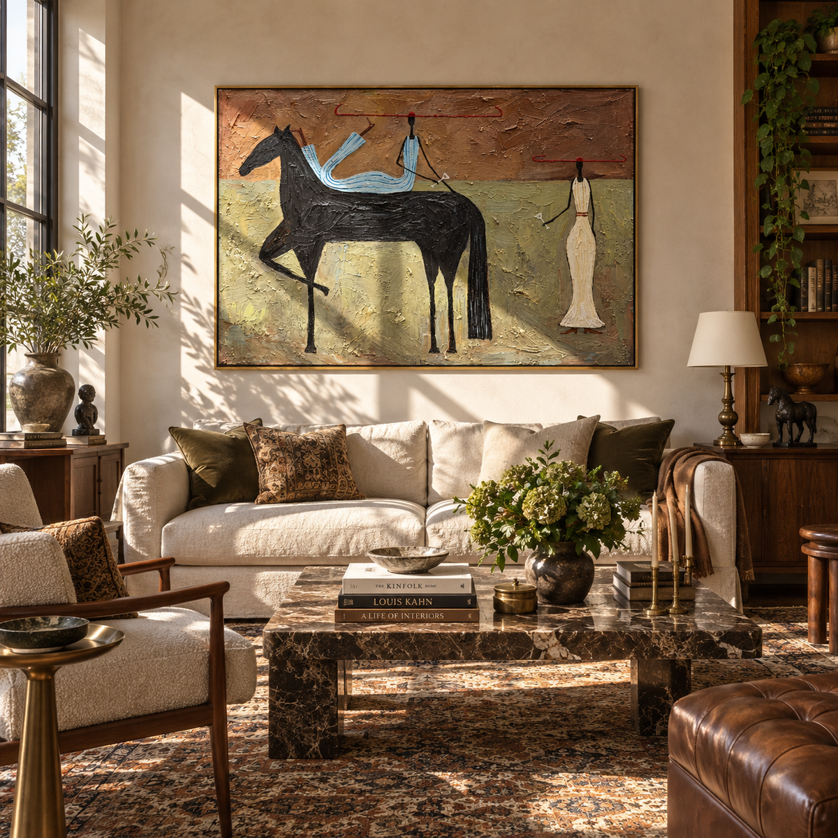 Blue Rider Across Terra - black horse rider painting shown in modern room setting 4