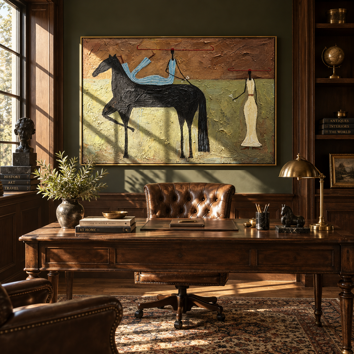 Blue Rider Across Terra - black horse rider painting shown in modern room setting 5