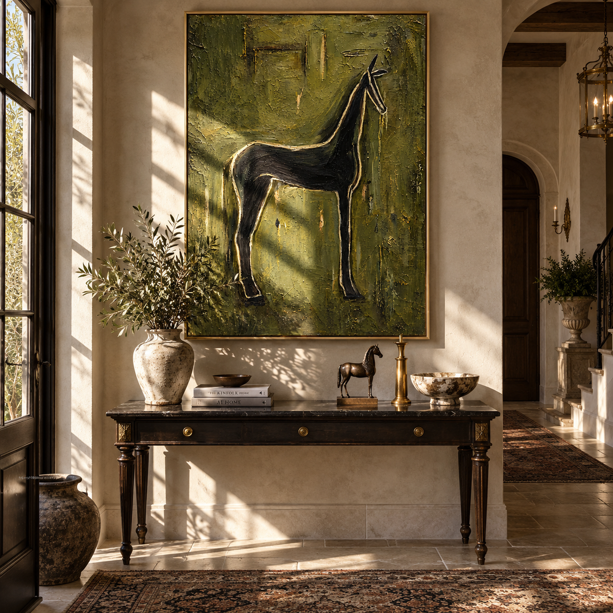 Emerald Horse at Dusk - black horse painting displayed in a styled interior