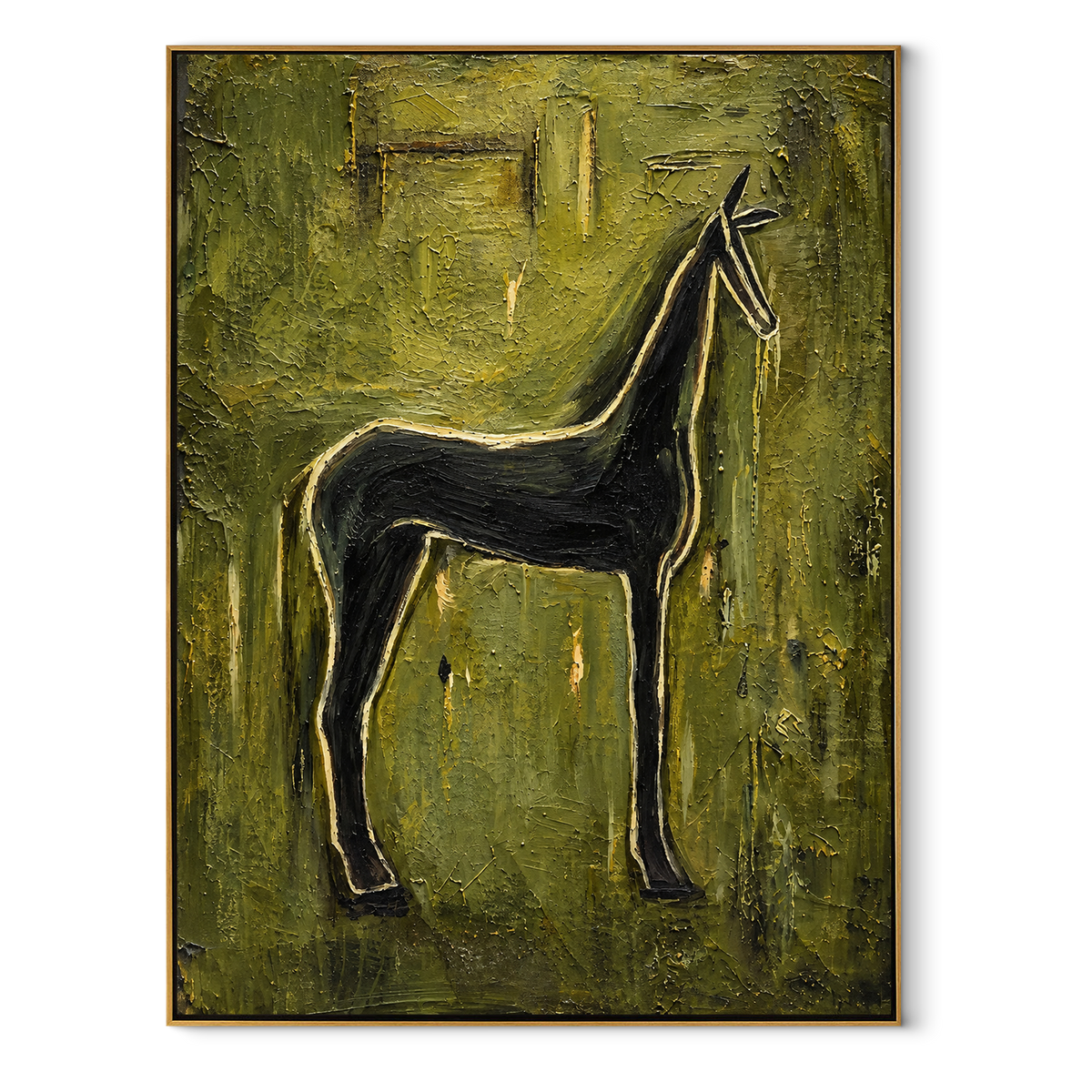 Emerald Horse at Dusk - black horse painting in a wood frame on white
