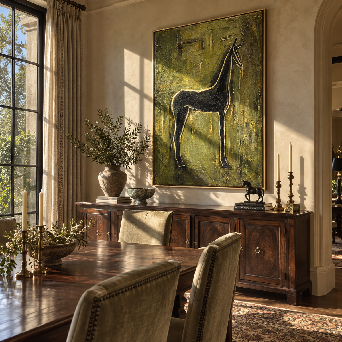 Emerald Horse at Dusk - black horse painting shown in modern room setting 2