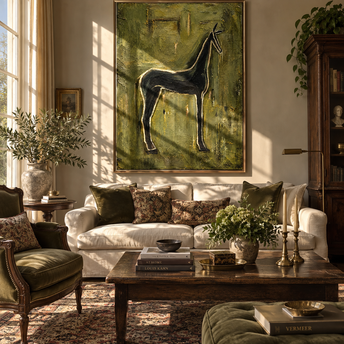 Emerald Horse at Dusk - black horse painting shown in modern room setting 3