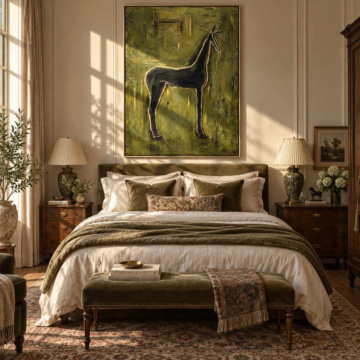 Emerald Horse at Dusk - black horse painting shown in modern room setting 5
