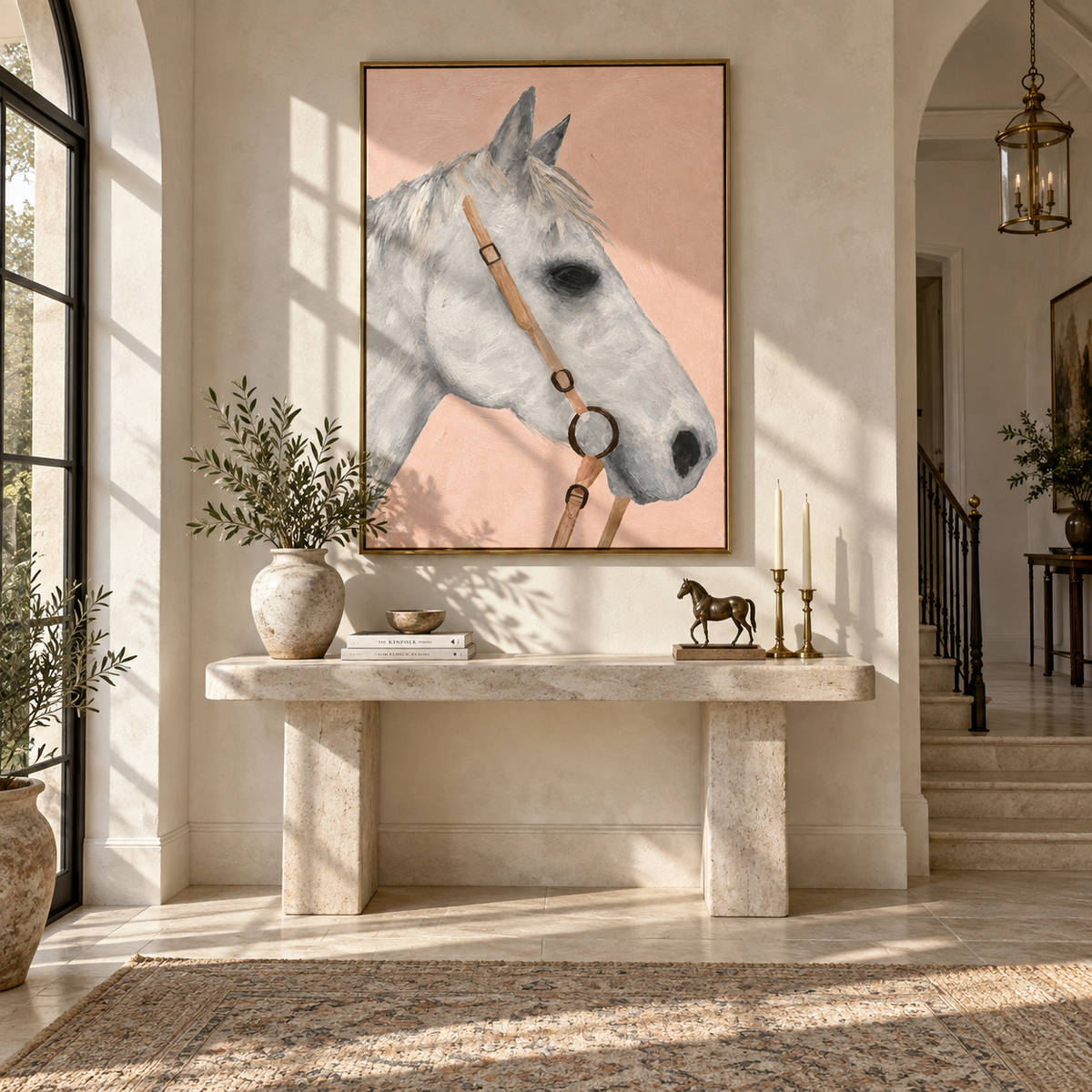 Blush Bridle Study - white horse portrait painting shown in modern room setting 2
