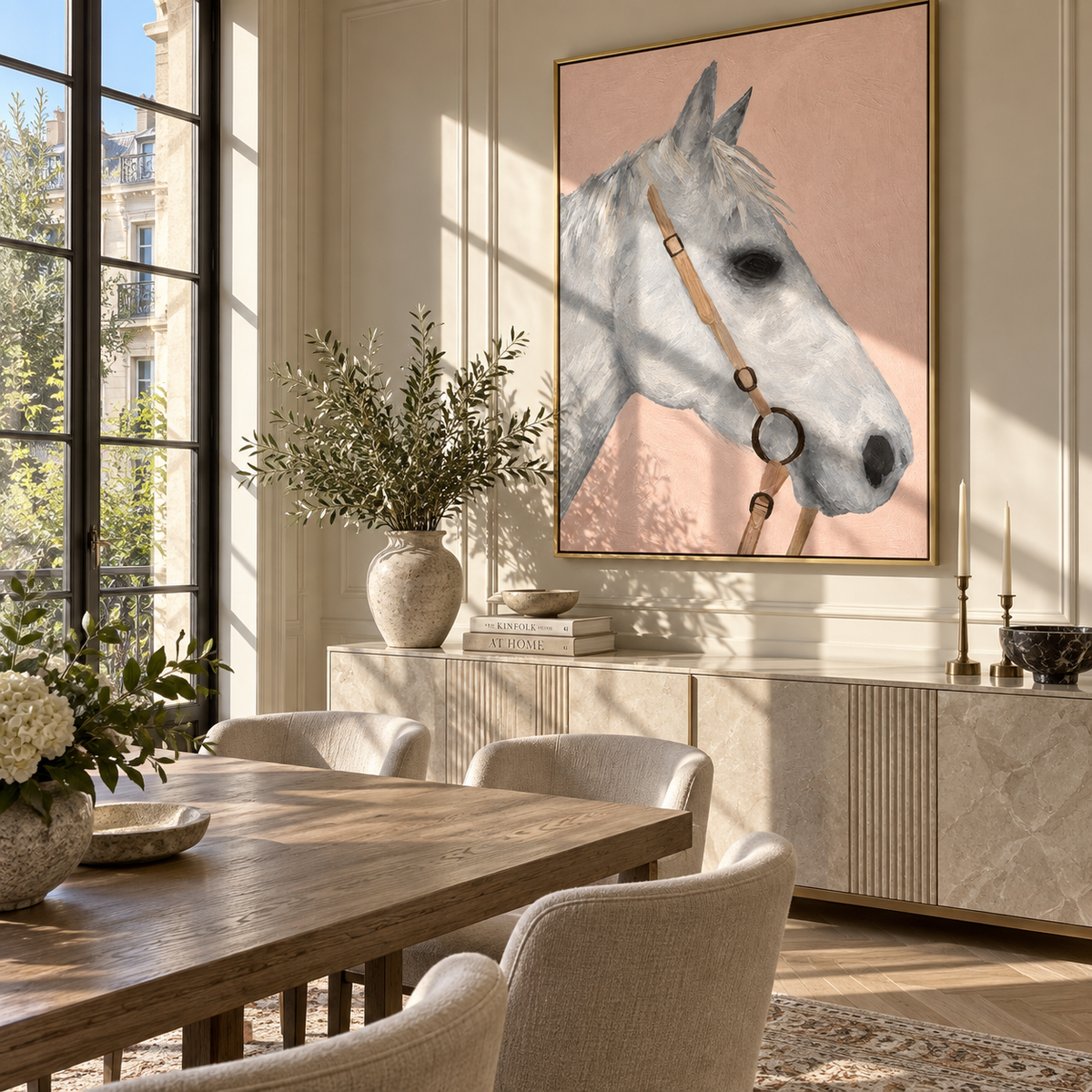 Blush Bridle Study - white horse portrait painting shown in modern room setting 3