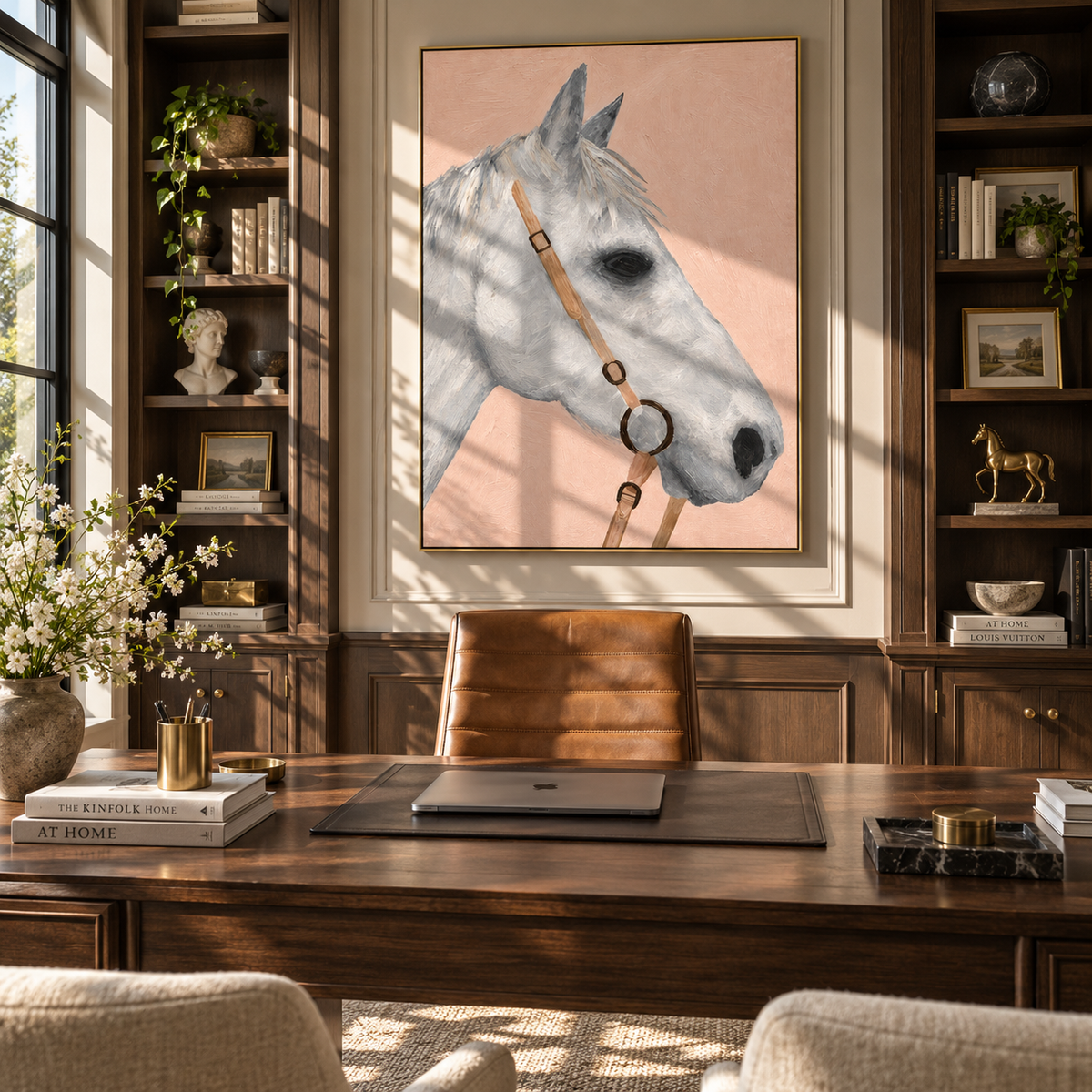 Blush Bridle Study - white horse portrait painting shown in modern room setting 5