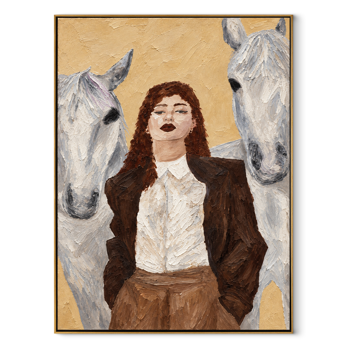 Between Two Pale Horses - woman with white horses painting in a wood frame on white