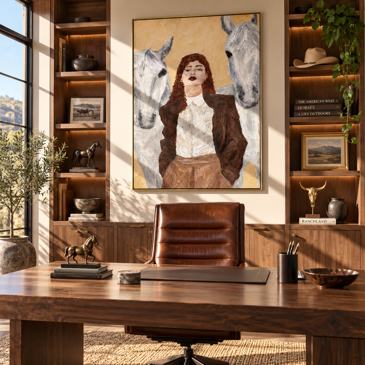 Between Two Pale Horses - woman with white horses painting shown in modern room setting 2