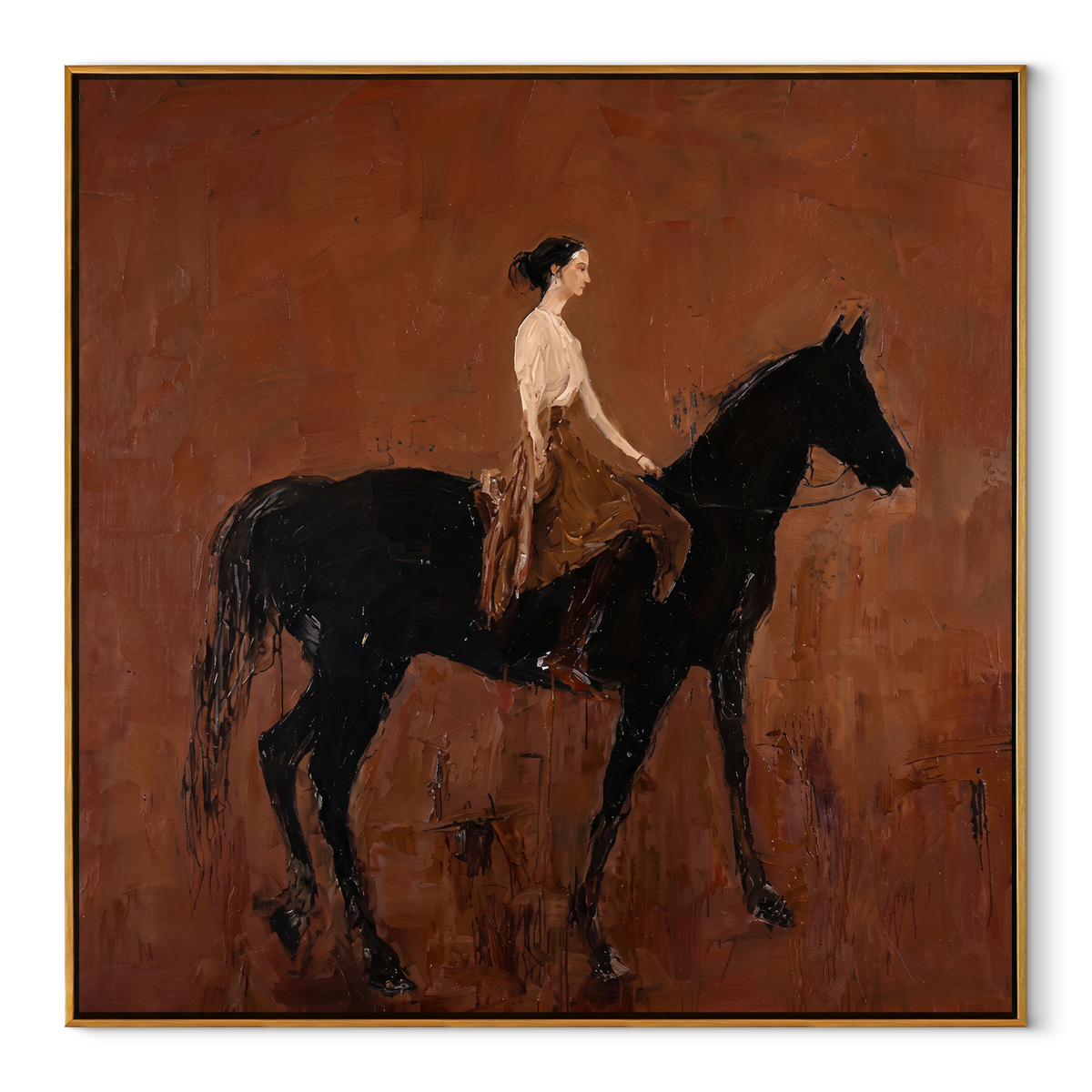 Rider Across Sienna - black horse and rider painting in a wood frame on white