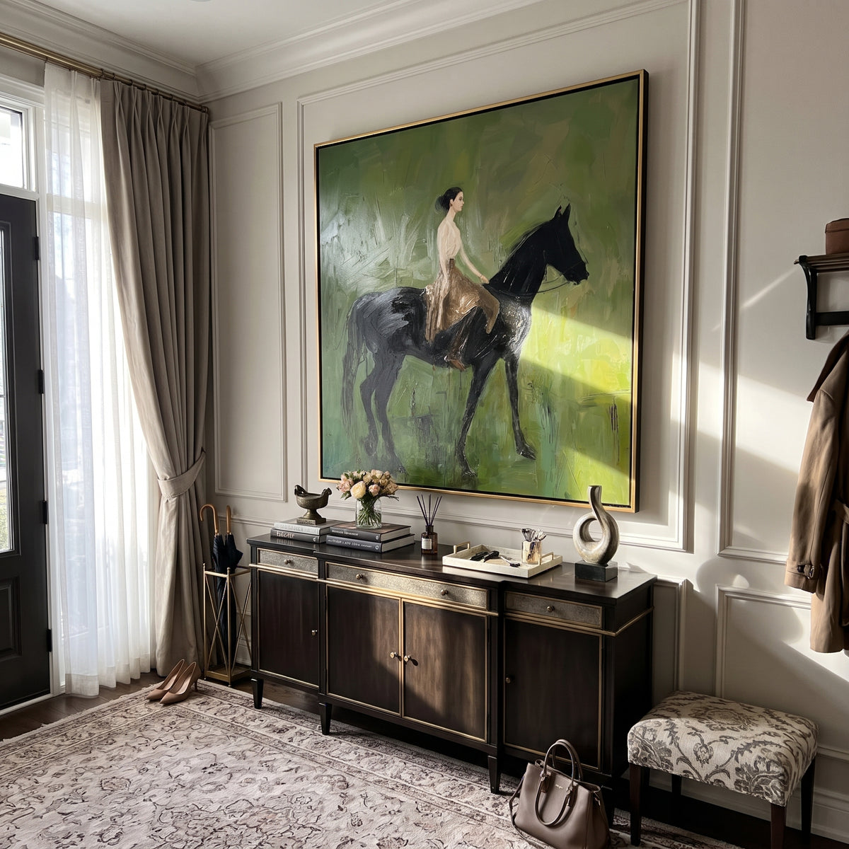 Resting Across the Green - woman resting on black horse painting displayed in a styled interior