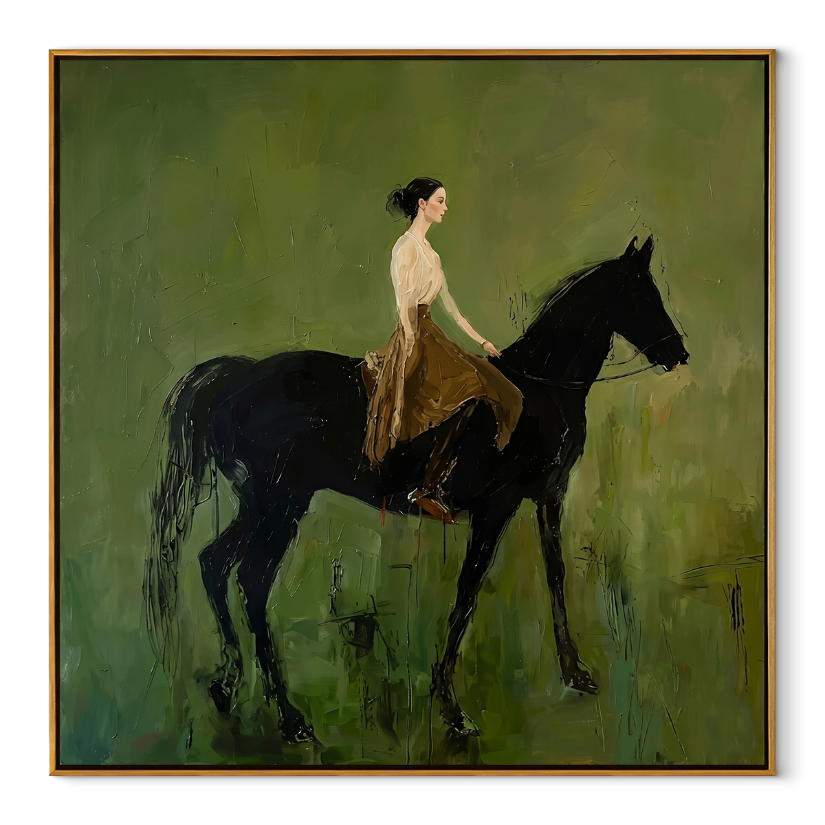 Resting Across the Green - woman resting on black horse painting in a wood frame on white