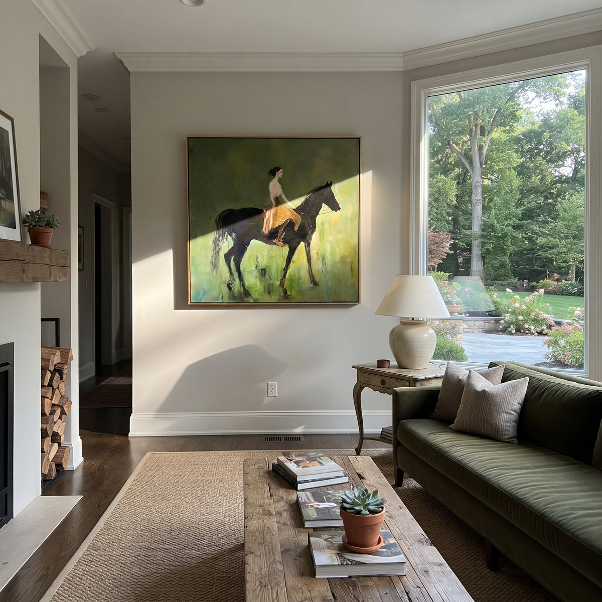 Resting Across the Green - woman resting on black horse painting shown in modern room setting 2
