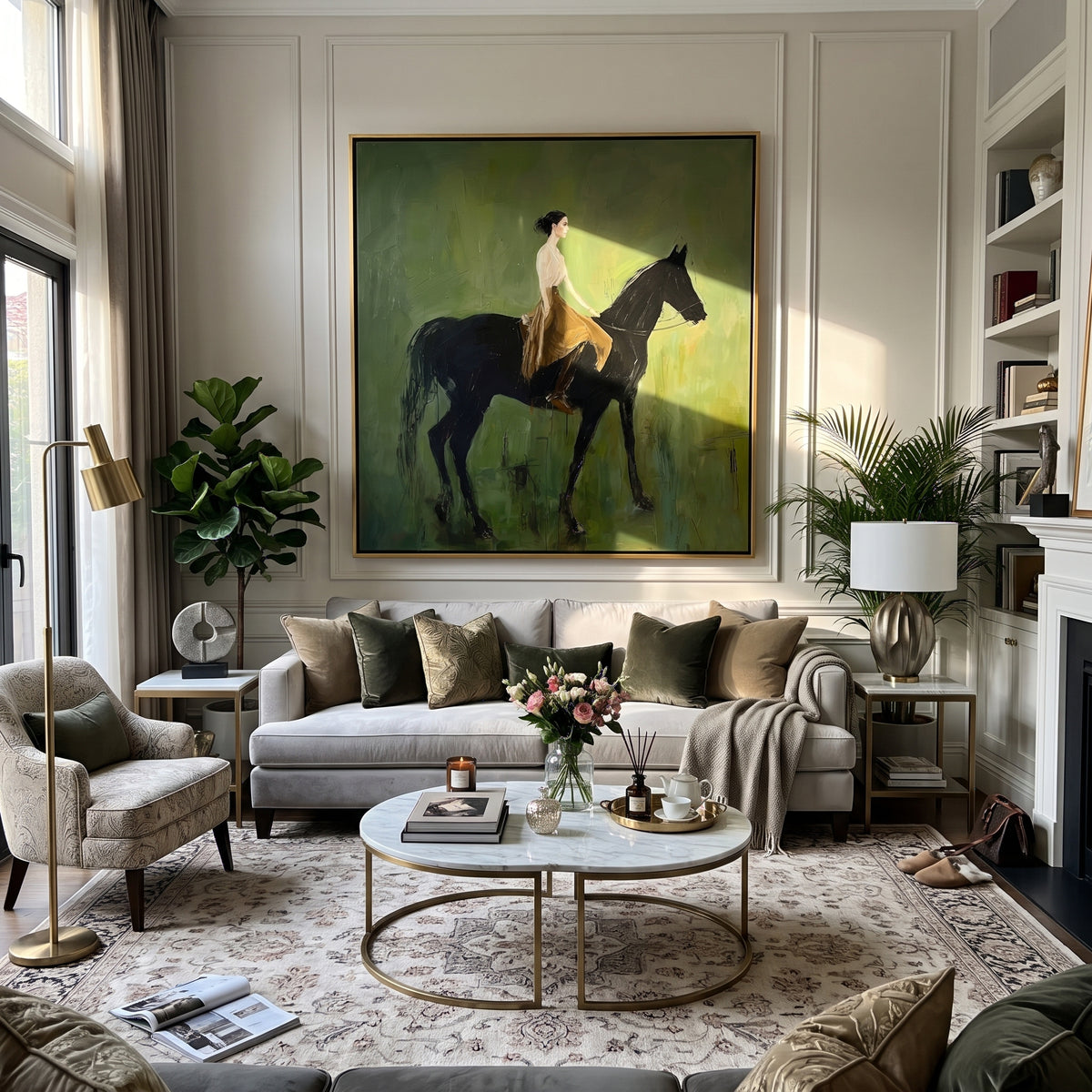 Resting Across the Green - woman resting on black horse painting shown in modern room setting 5