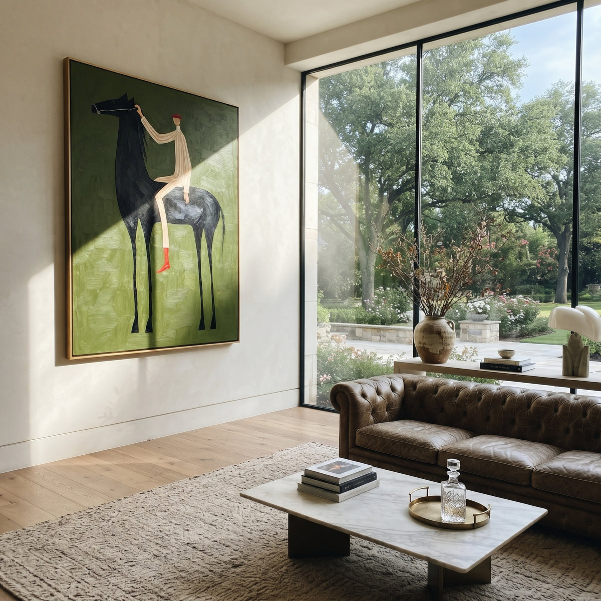 Rider Above the Olive Horse - tall black horse and rider painting shown in modern room setting 2