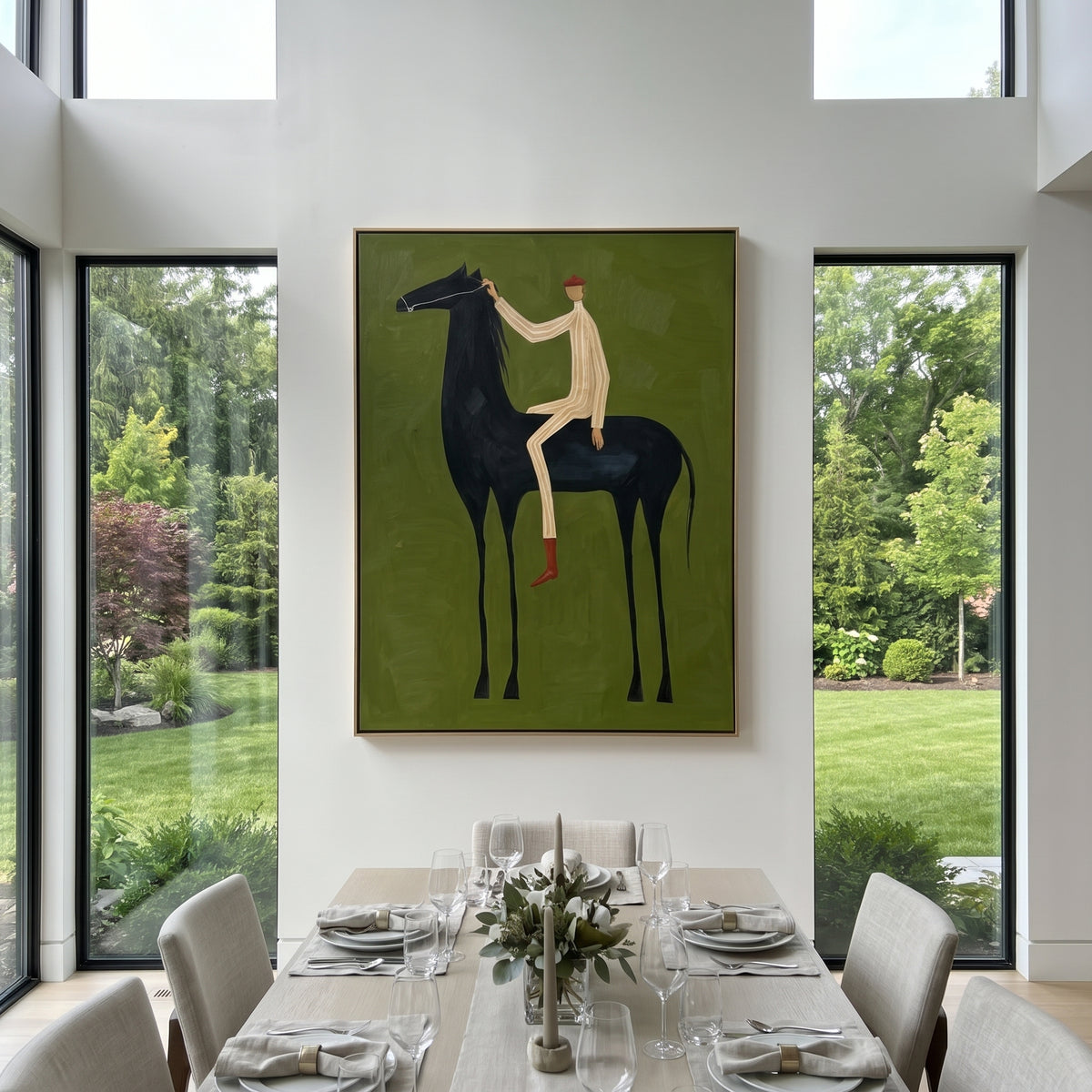 Rider Above the Olive Horse - tall black horse and rider painting shown in modern room setting 3