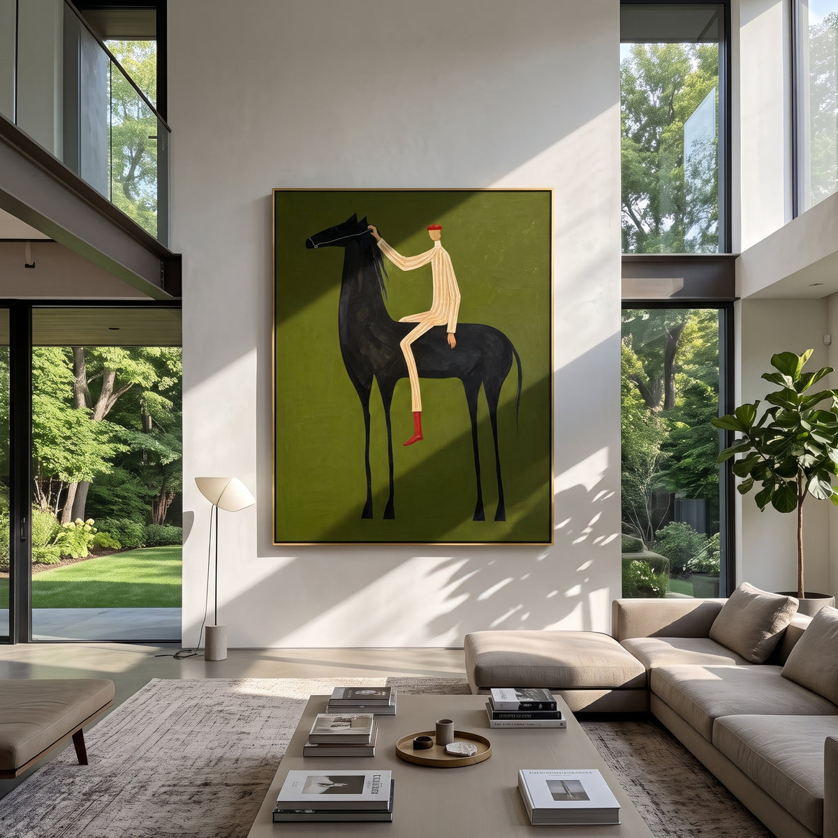 Rider Above the Olive Horse - tall black horse and rider painting shown in modern room setting 4