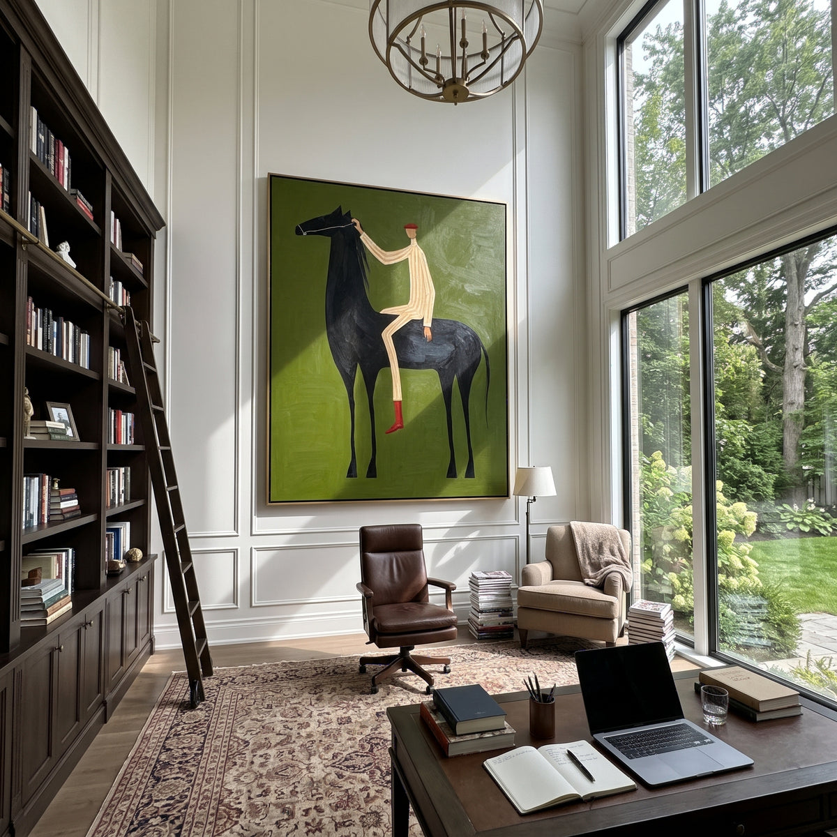 Rider Above the Olive Horse - tall black horse and rider painting shown in modern room setting 5