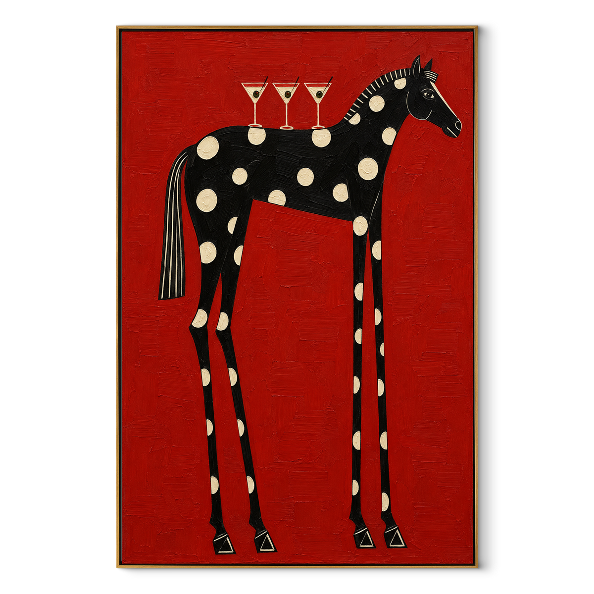 Martinis on the Spotted Horse - whimsical spotted horse painting in a wood frame on white
