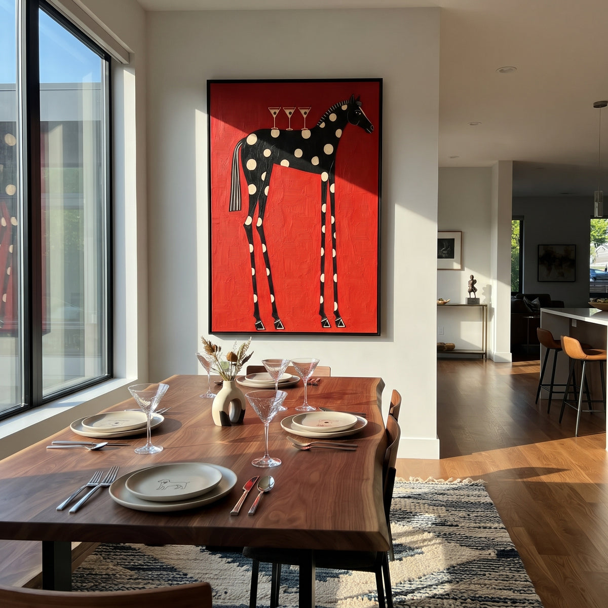 Martinis on the Spotted Horse - whimsical spotted horse painting shown in modern room setting 2