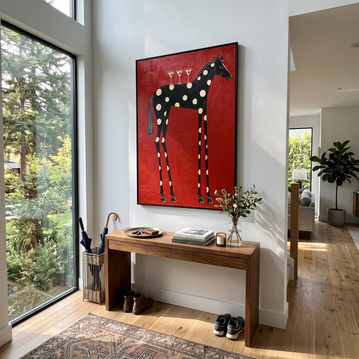 Martinis on the Spotted Horse - whimsical spotted horse painting shown in modern room setting 3
