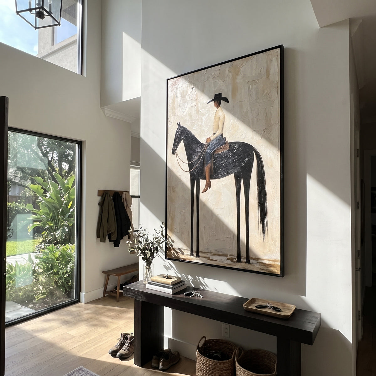 Tall Rider in Quiet Earth - minimalist horse and rider painting displayed in a styled interior