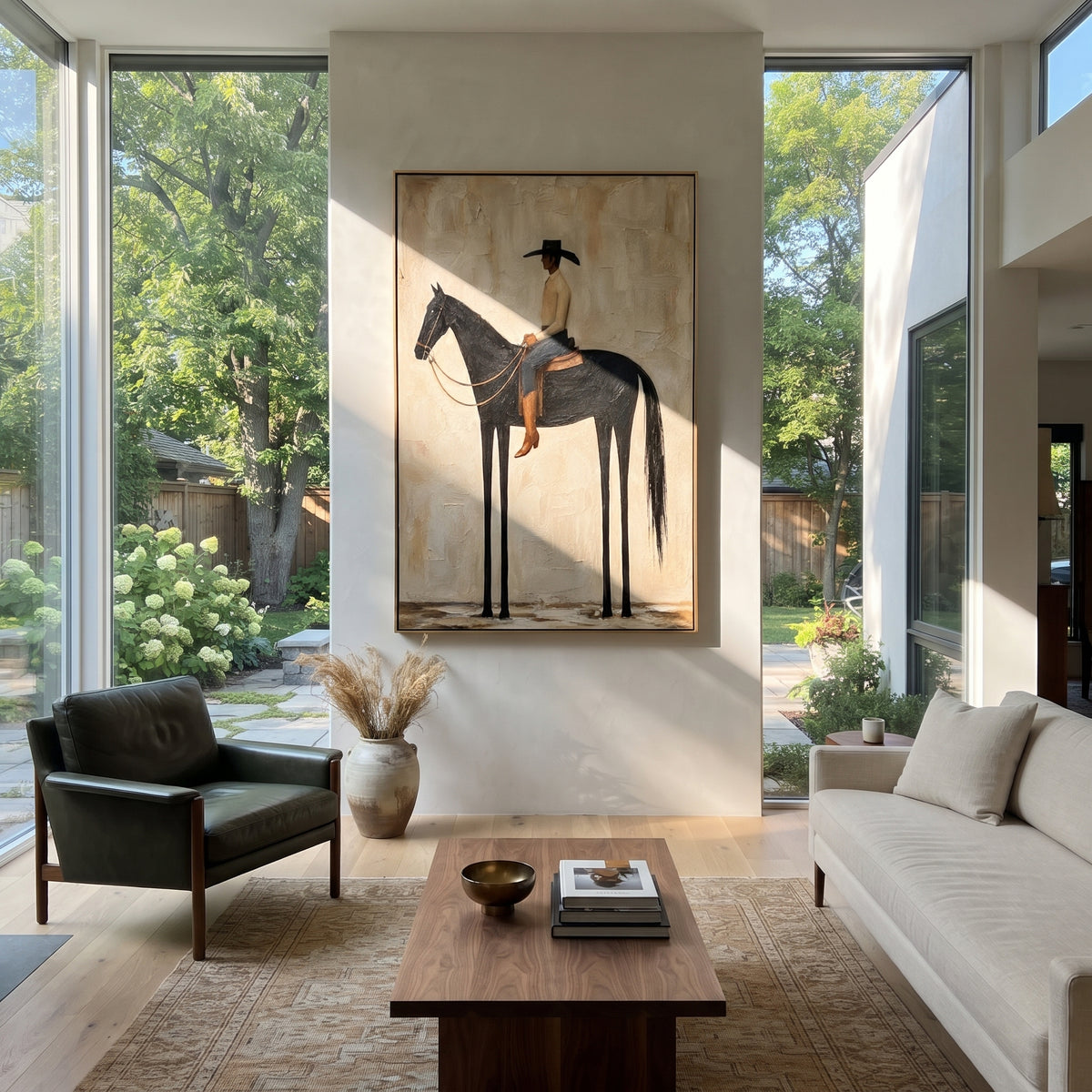 Tall Rider in Quiet Earth - minimalist horse and rider painting shown in modern room setting 2