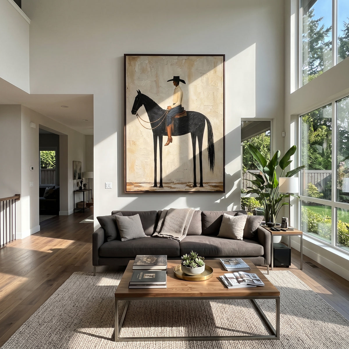 Tall Rider in Quiet Earth - minimalist horse and rider painting shown in modern room setting 3