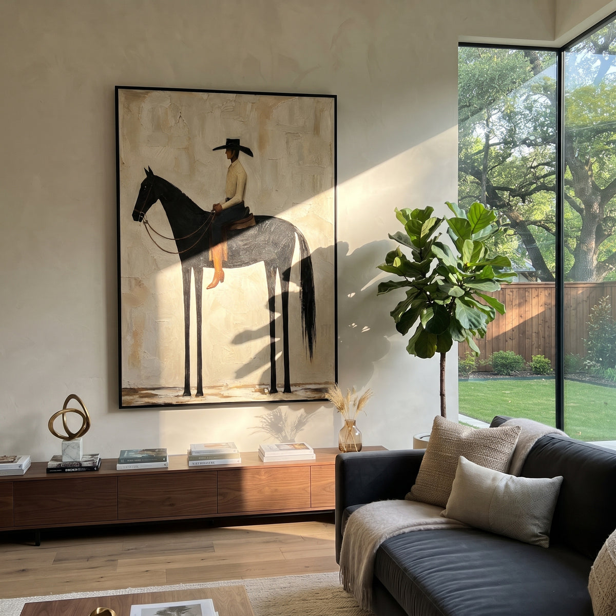 Tall Rider in Quiet Earth - minimalist horse and rider painting shown in modern room setting 4