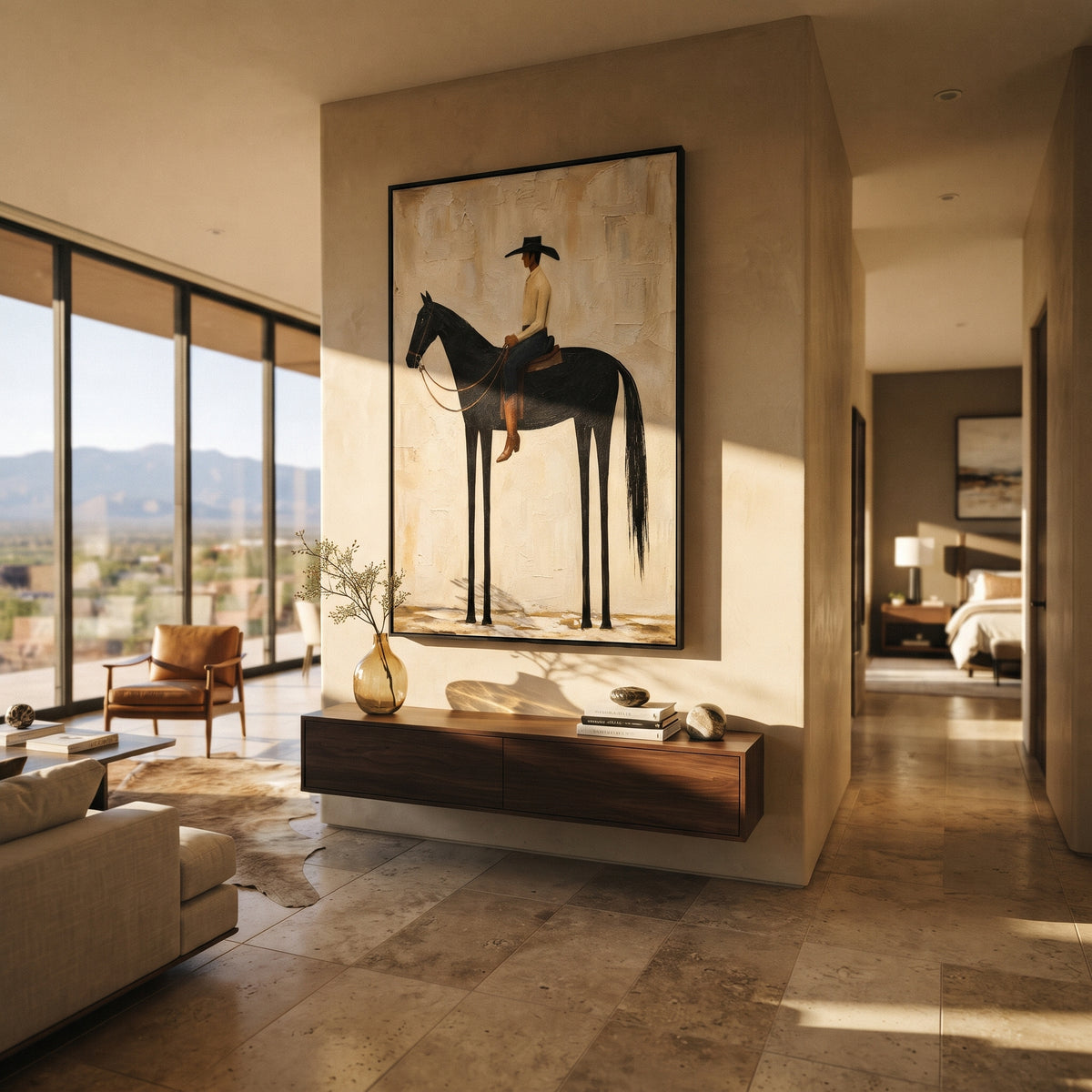 Tall Rider in Quiet Earth - minimalist horse and rider painting shown in modern room setting 5