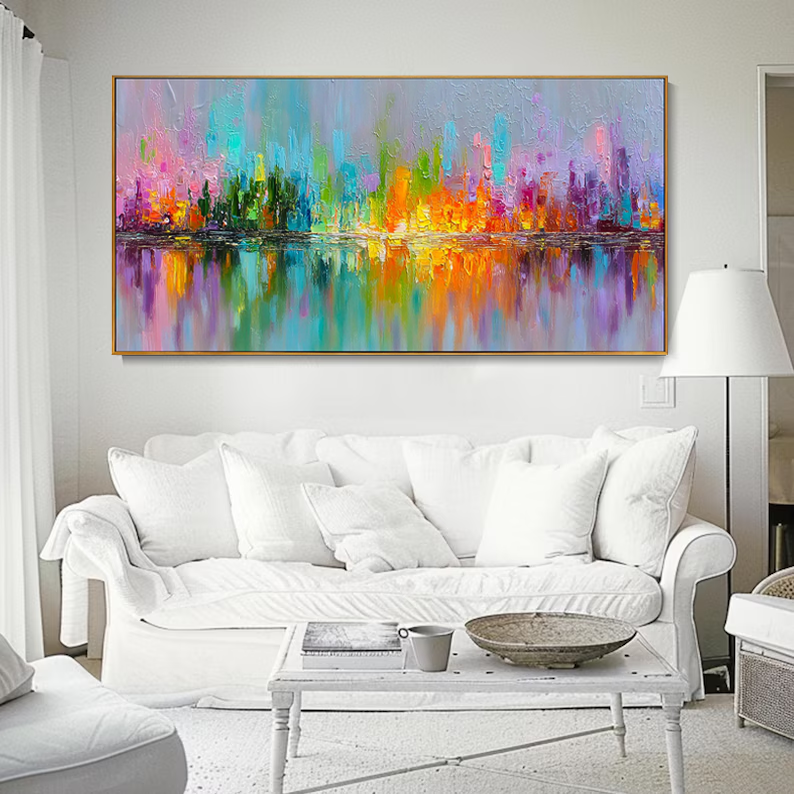 Spectrum Reflection – Hand-Painted Rainbow Palette Knife 3D Heavy Texture Abstract Colorful Painting | Bold Abstract Palette Knife Living Room Art