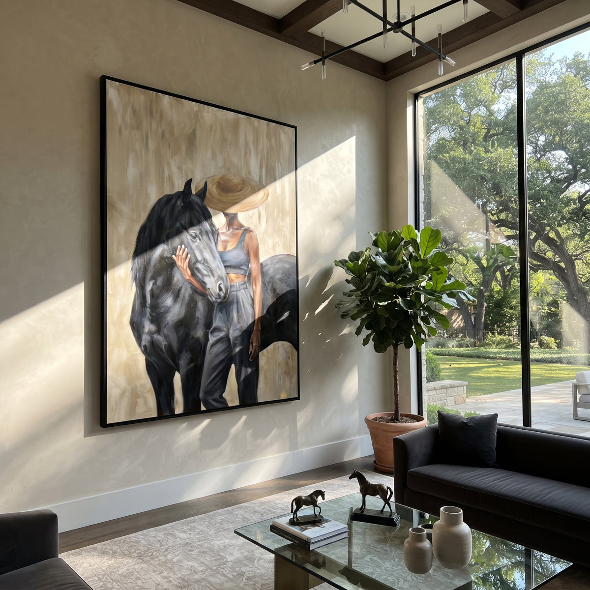 Rider Crosses Quiet Prairie styled with neutral modern furnishings