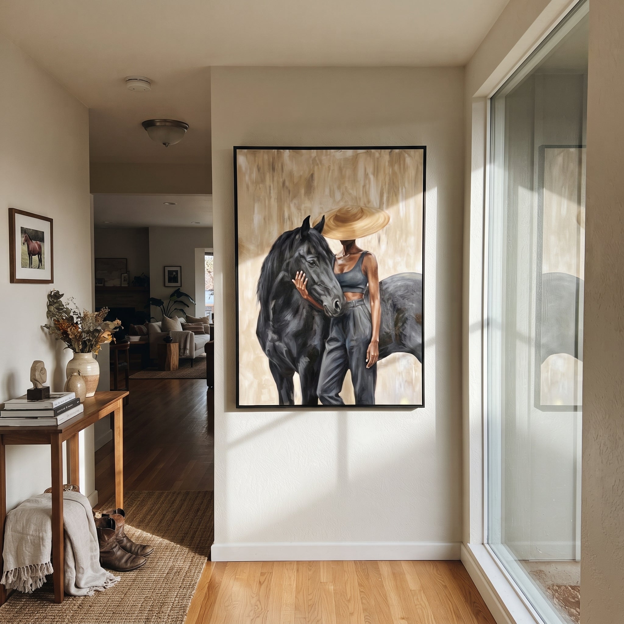 Rider Crosses Quiet Prairie styled in a layered residential interior