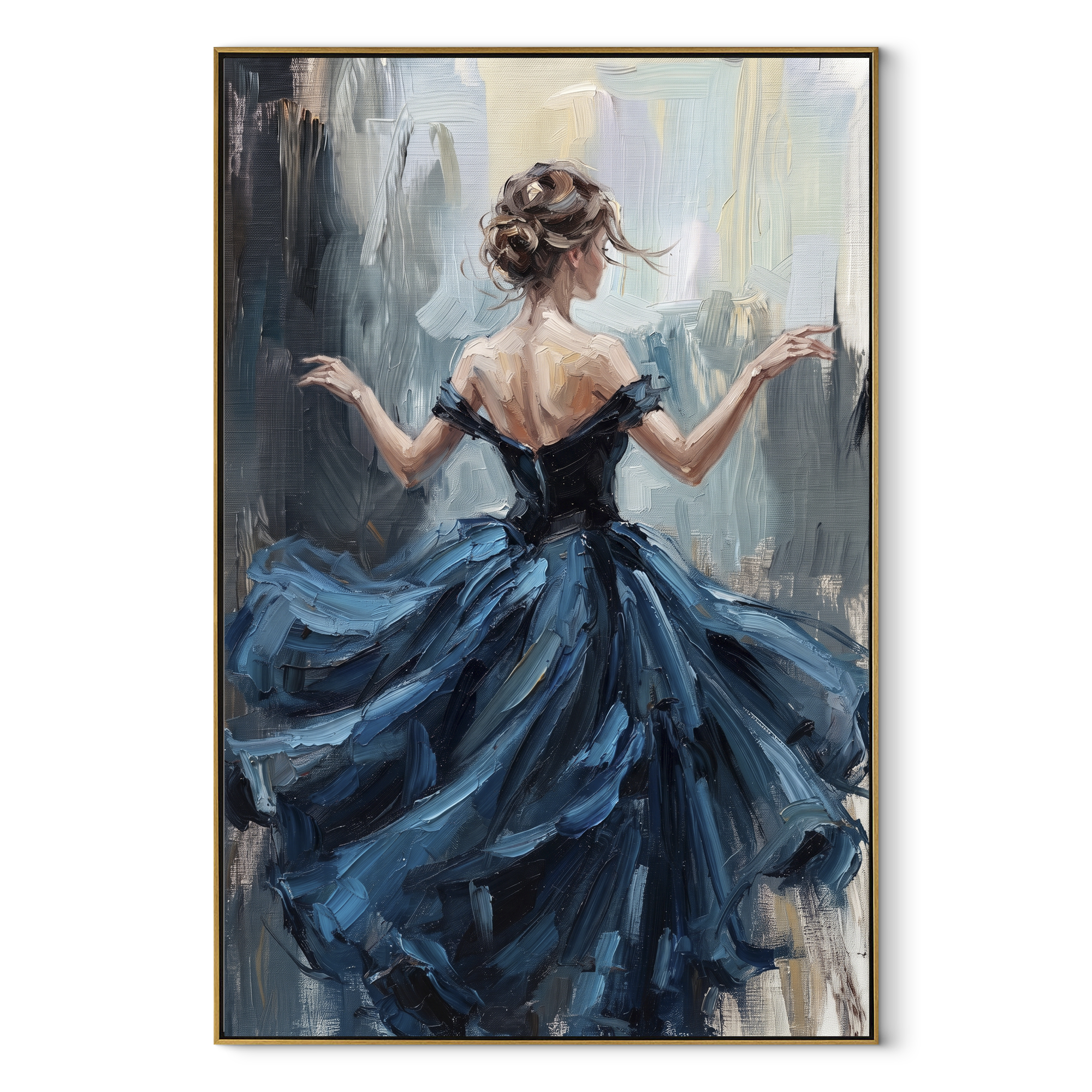 Blue Gown Finds Wind textured figurative painting, vertical canvas artwork