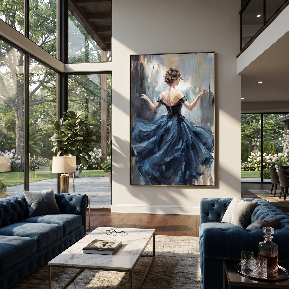 Blue Gown Finds Wind styled with neutral modern furnishings