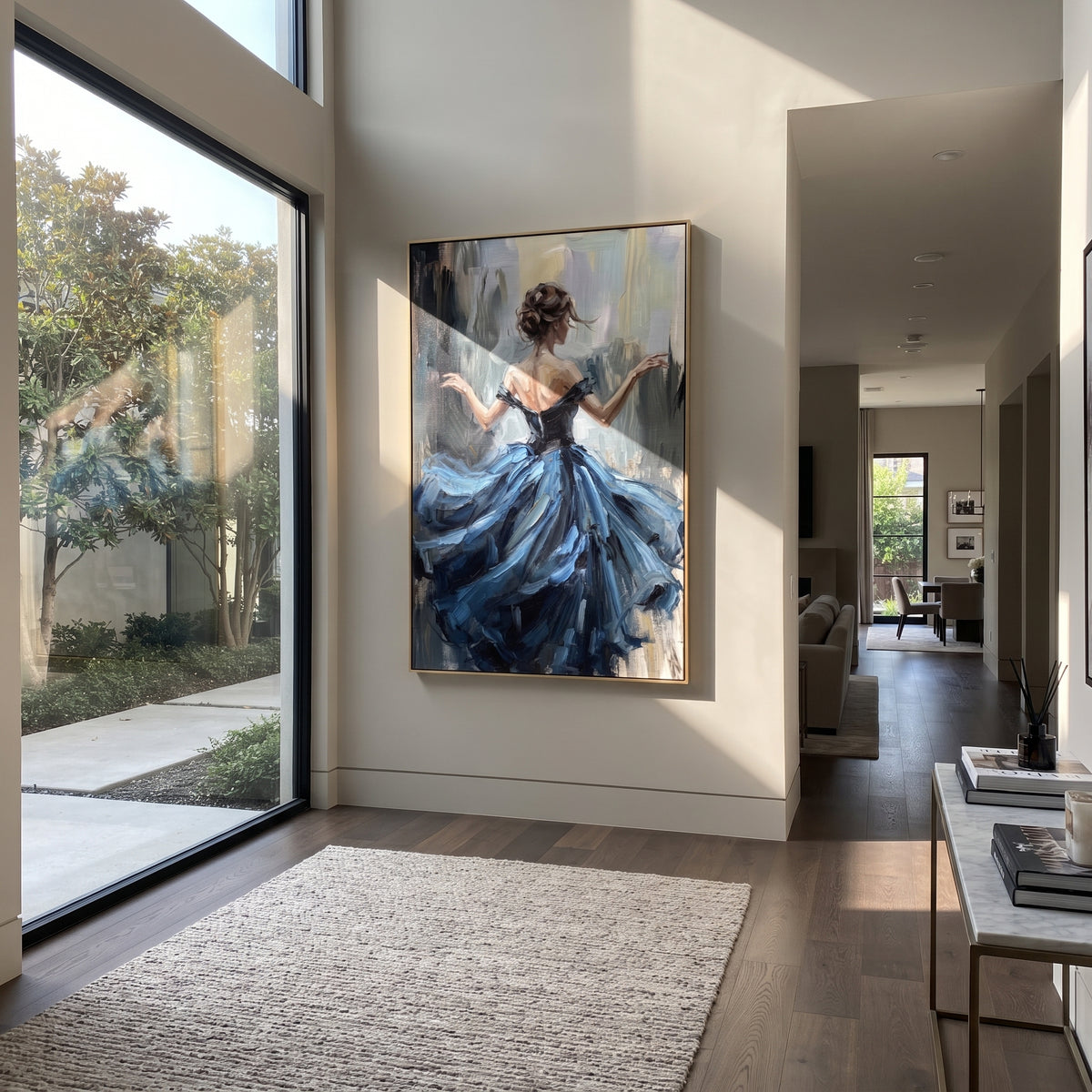 Blue Gown Finds Wind presented above a contemporary console