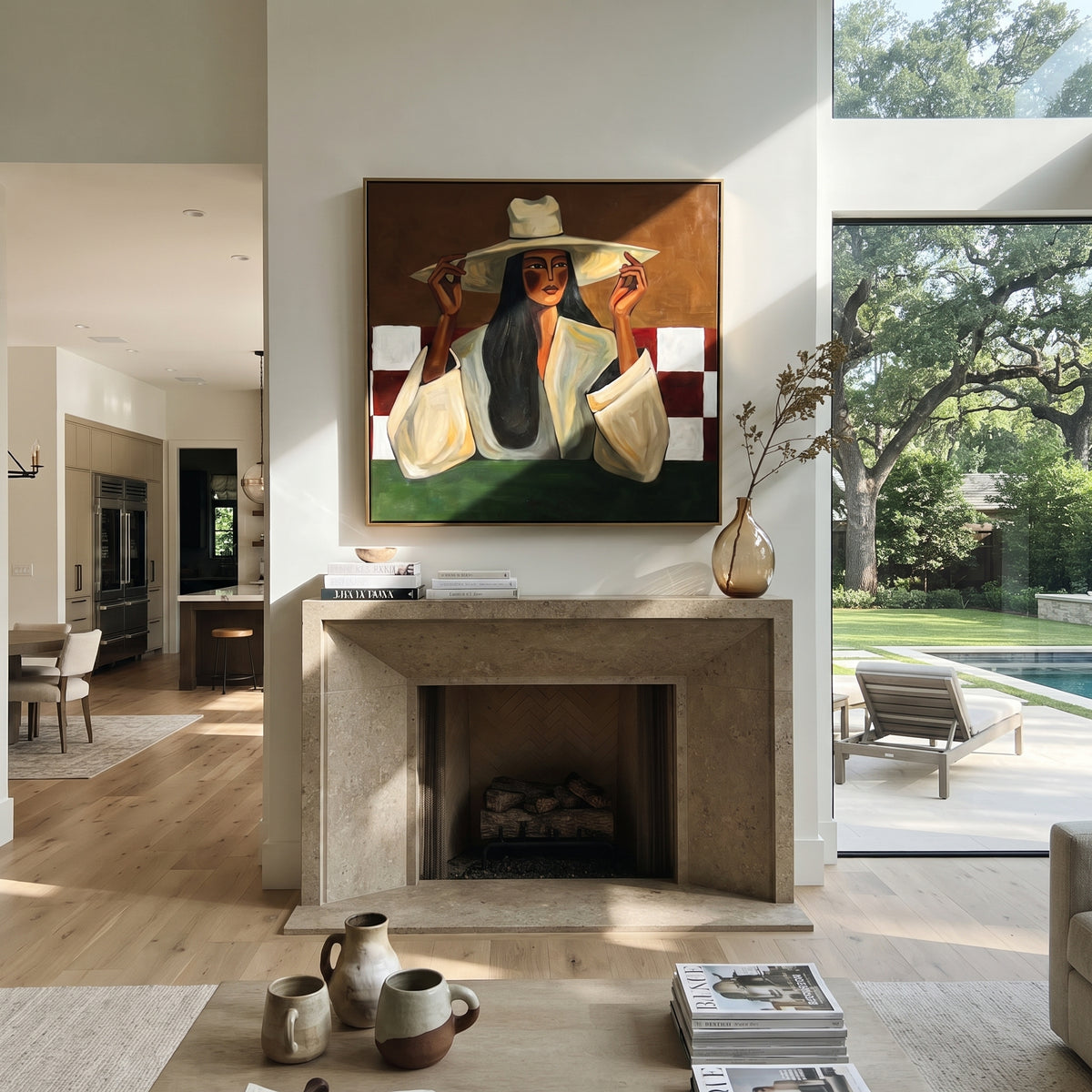 Checks Hold Green Afternoon displayed in a warm contemporary interior