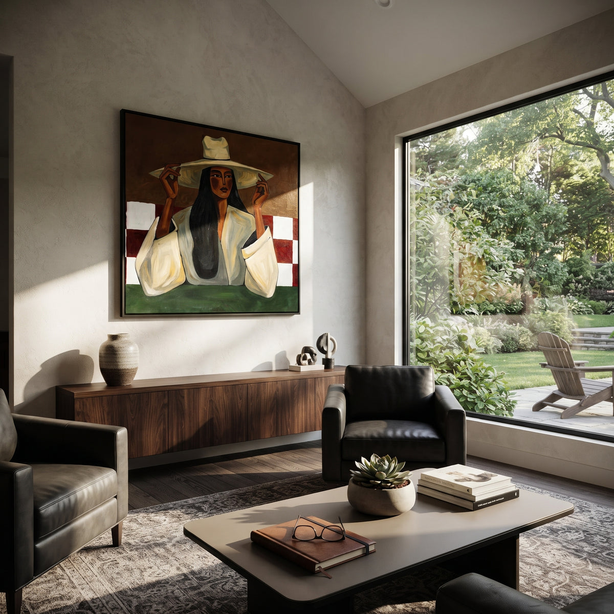 Checks Hold Green Afternoon presented above a contemporary console