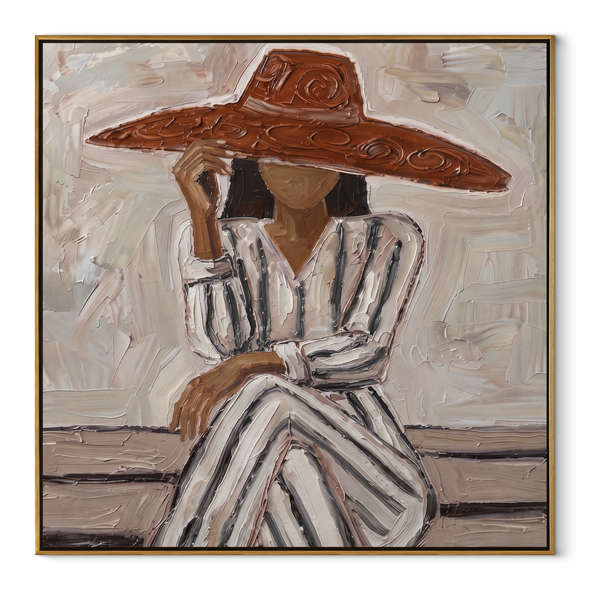 Striped Dress Meets Sun textured figurative painting, square canvas artwork