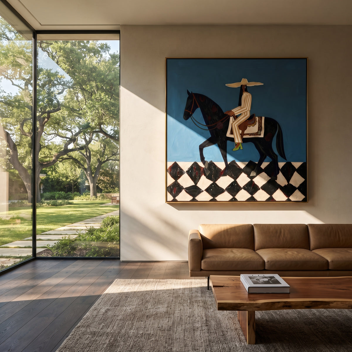 Teal Rider Crosses Checkers styled with neutral modern furnishings
