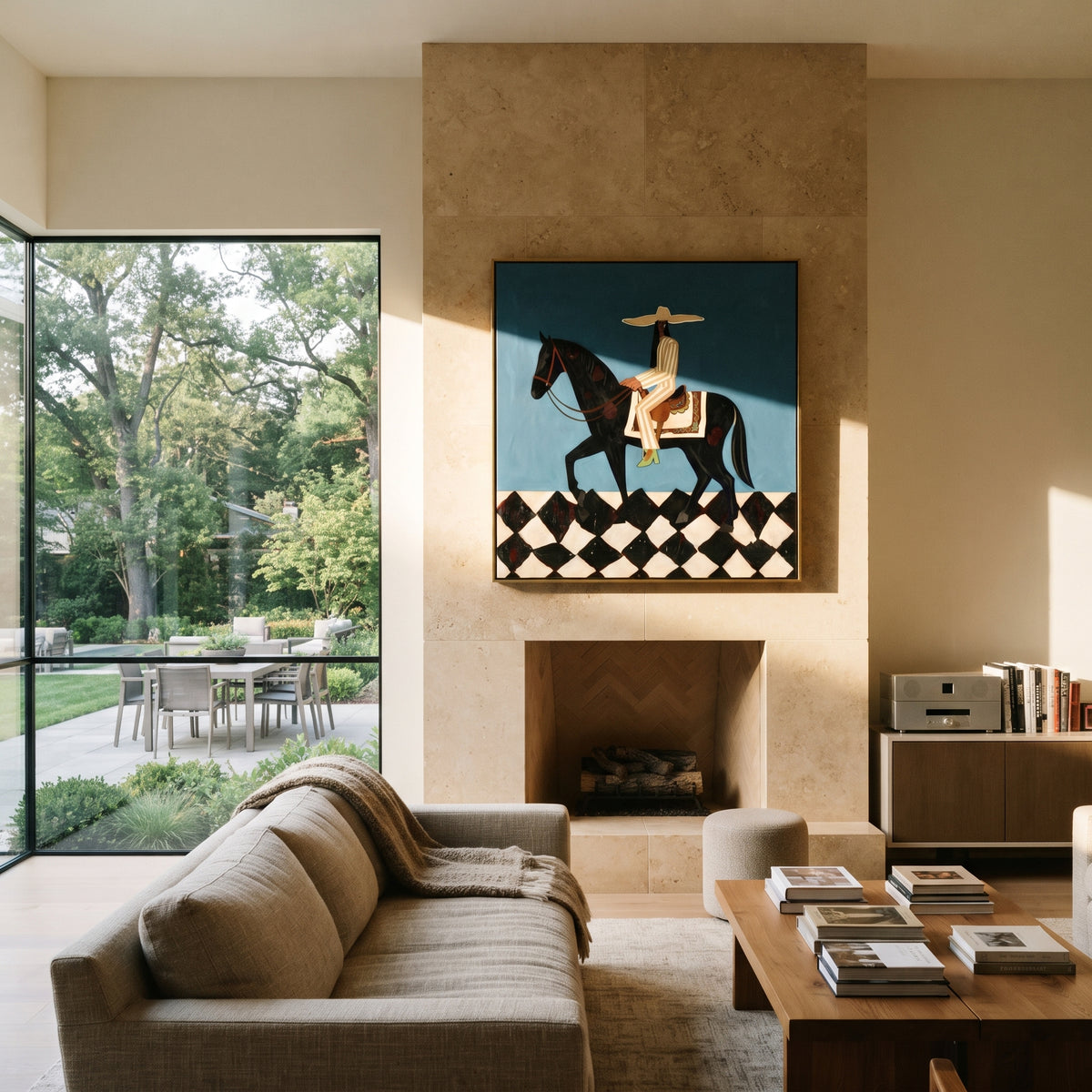 Teal Rider Crosses Checkers presented above a contemporary console