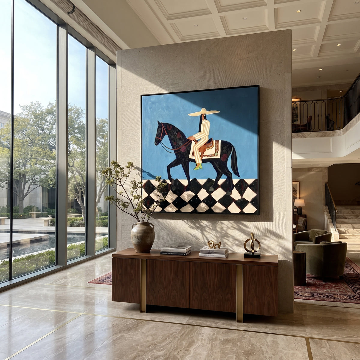 Teal Rider Crosses Checkers displayed as a Retro Modern room focal point