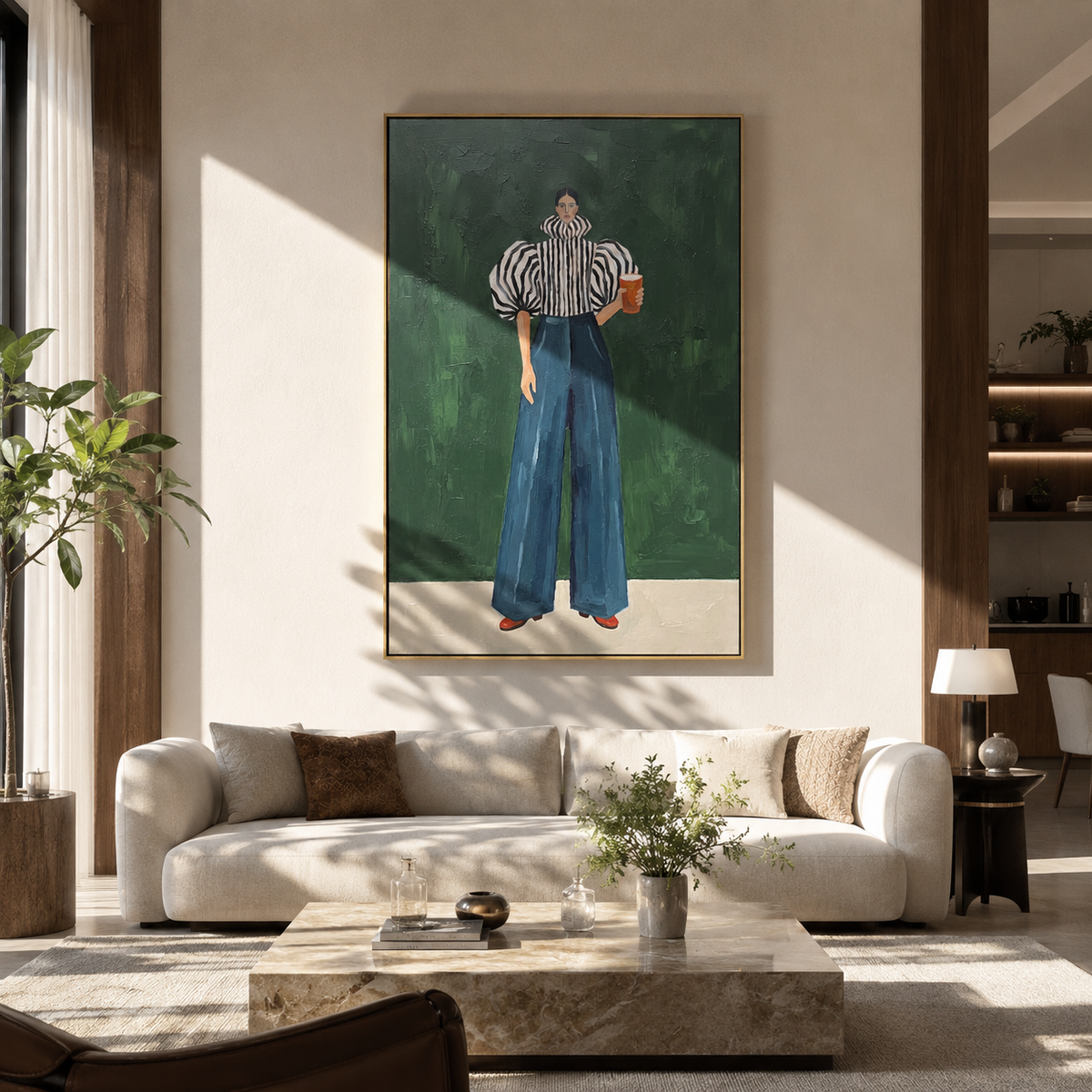 Blue Trousers Keep Rhythm displayed as a Retro Modern room focal point